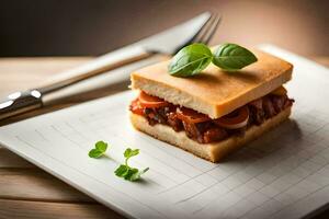 un emparedado con carne y vegetales en un blanco lámina. generado por ai foto