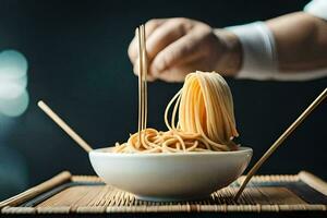 a person holding chopsticks over a bowl of noodles. AI-Generated photo