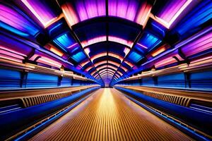 un largo exposición fotografía de un túnel con vistoso luces. generado por ai foto