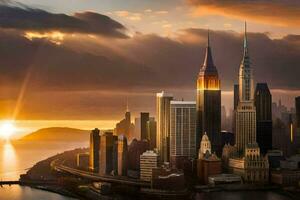 the sun sets over the city skyline in new york. AI-Generated photo