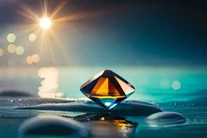 un diamante es sentado en el agua con un brillante ligero brillante en el antecedentes. generado por ai foto