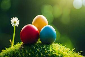 three colorful easter eggs on top of a cactus. AI-Generated photo