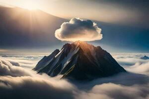 a cloud over a mountain with a sun shining above. AI-Generated photo