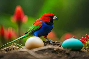 a colorful bird sits on top of some eggs. AI-Generated photo