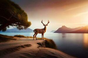 a deer stands on the edge of a cliff overlooking a lake. AI-Generated photo