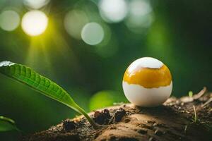 an egg with a white shell and yellow yolk sits on top of a tree. AI-Generated photo