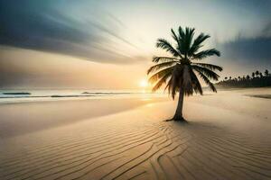 a palm tree stands alone on a sandy beach at sunset. AI-Generated photo