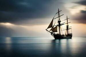un navegación Embarcacion en el Oceano a puesta de sol. generado por ai foto
