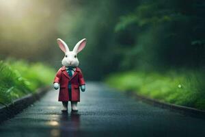 a white rabbit wearing a red coat and tie standing on a road. AI-Generated photo