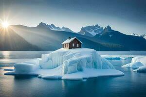 a small house sits on an iceberg in the middle of the ocean. AI-Generated photo