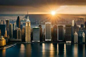 the sun rises over the city skyline in new york. AI-Generated photo