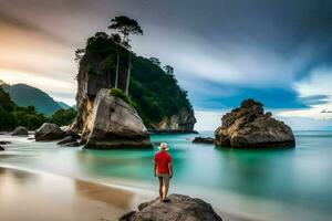 a man standing on a rock in front of a beach. AI-Generated photo
