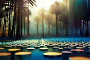 a futuristic city with palm trees and lots of lights. AI-Generated photo