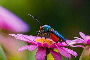 a colorful bug on a pink flower. AI-Generated photo