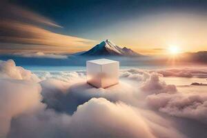 a cube floating in the clouds above a mountain. AI-Generated photo