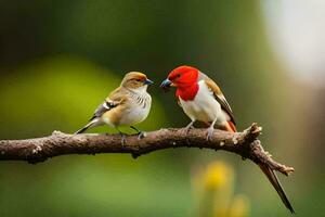 two birds sitting on a branch with a green background. AI-Generated photo