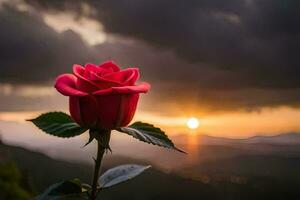 a single red rose is seen in front of a sunset. AI-Generated photo