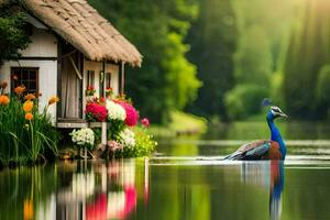 a peacock is floating in the water near a house. AI-Generated photo