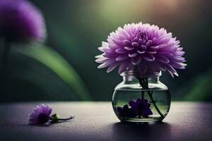 purple flowers in a glass jar on a table. AI-Generated photo