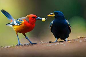 two colorful birds standing on the ground with one eating a piece of food. AI-Generated photo