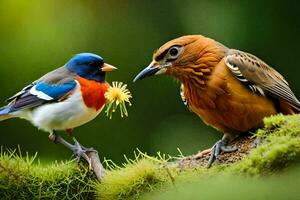 dos aves son en pie en un rama con flores generado por ai foto