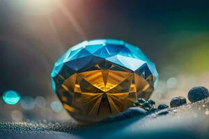 a blue diamond ball sitting on the sand. AI-Generated photo