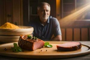 a man sitting in front of a table with a piece of meat. AI-Generated photo