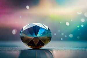 a diamond ball sitting on a table with a blurry background. AI-Generated photo