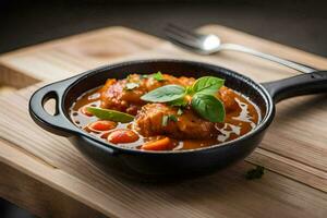 chicken curry in a black skillet on a wooden table. AI-Generated photo