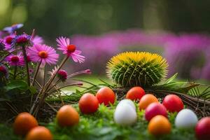 Pascua de Resurrección huevos y flores en el césped. generado por ai foto