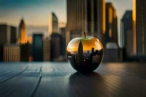 an apple with a cityscape in the reflection. AI-Generated photo