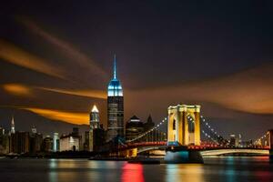 el brooklyn puente y Manhattan horizonte a noche. generado por ai foto