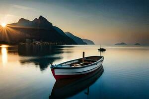 a boat sits on the water at sunset. AI-Generated photo