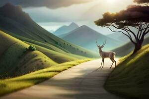 animation, the deer, the road, mountains, landscape, nature, the deer, the. AI-Generated photo