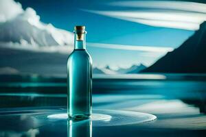 a bottle of blue liquid sitting on the edge of a lake. AI-Generated photo