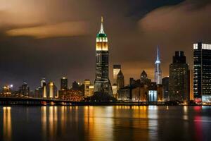 the empire state building is lit up at night. AI-Generated photo