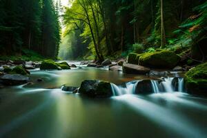 un río fluido mediante un bosque. generado por ai foto