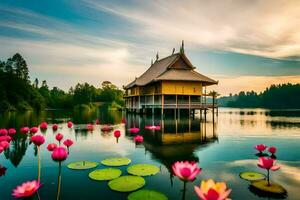 the lotus pond in the morning. AI-Generated photo