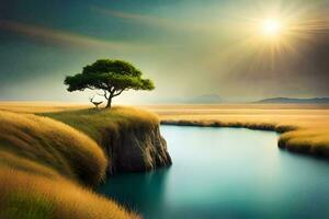 a lone tree stands on a cliff overlooking a river. AI-Generated photo