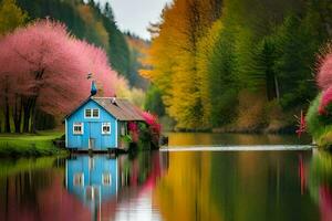 photo wallpaper the sky, trees, water, house, the house, the water, the house. AI-Generated