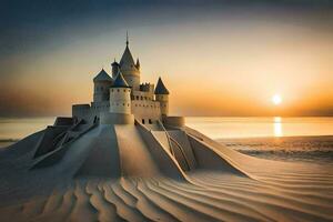 a castle on the beach at sunset. AI-Generated photo