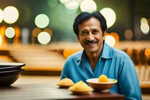 a man sitting at a table with food on it. AI-Generated photo