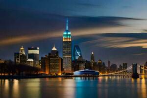 el Manhattan horizonte a noche con el brooklyn puente en el primer plano. generado por ai foto