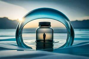 a man is standing inside of a bottle with water. AI-Generated photo