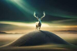 a deer stands on top of a hill in the middle of a lake. AI-Generated photo