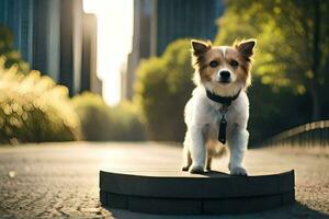 a dog standing on a small platform in the middle of a city. AI-Generated photo