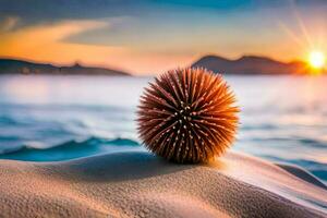 a spiky ball sits on the sand at sunset. AI-Generated photo