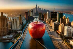 an apple is floating in the middle of a city. AI-Generated photo