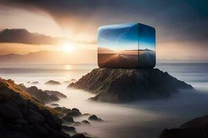 a cube sitting on top of a rock in the ocean. AI-Generated photo