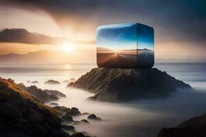 a cube sitting on top of a rock in the ocean. AI-Generated photo